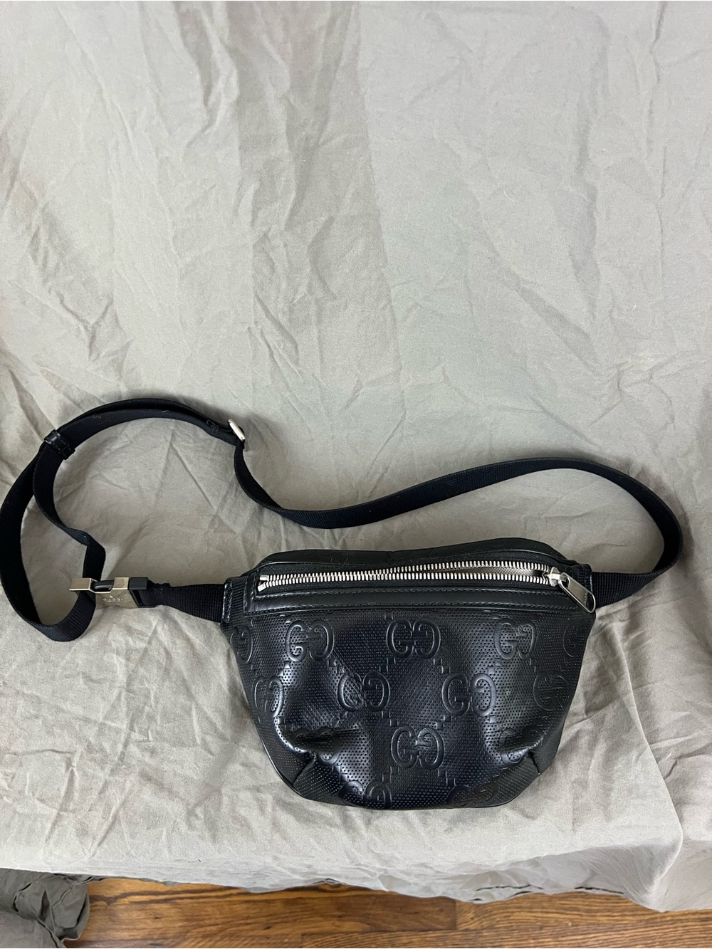 Gucci Black Embossed GG Leather Belt Bag with Silver Buckle